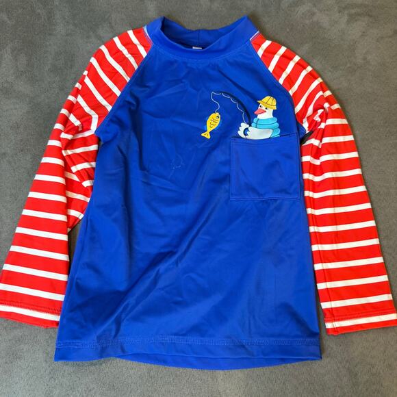 Mini Boden Boys Swimsuit 2 Piece Set Shorts Rashguard Top Red Stripe 5 6 5T - Picture 2 of 12